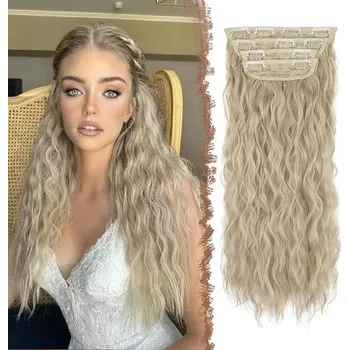 Čelenka FESHFEN Clip-in příčesky 4 ks vlnité kudrnaté dlouhé syntetické clip-in příčesky pro ženy, medově