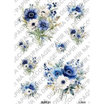 Umělecký papír Rýžový a soft papír na decoupage - Květiny modré - KB01035 Materiál: Soft, Rozměr: A4