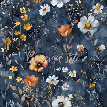 Úplet, Luční květy na jeansově modré (E) (Top kvalitní úplet Bella digitisk)