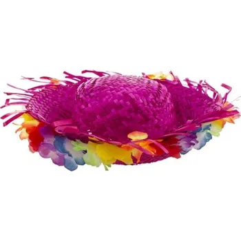 Karnevalový doplněk Plážový slaměný klobouk s květy růžový slamák