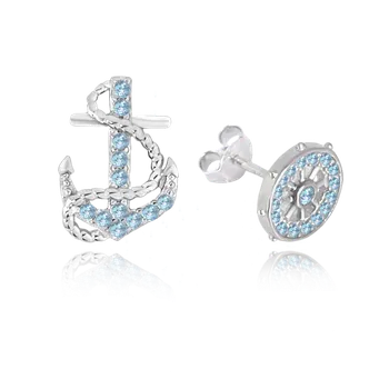 Souprava šperků MINET Letní stříbrné náušnice KORMIDLO a KOTVA s modrými zirkony JMAS8052AE00