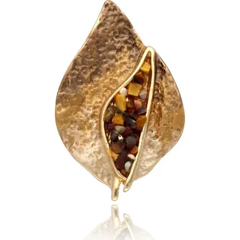 Brož Yvon Magnetická brož ve tvaru listu - zlatavý mat s jantarovými pryskyřičnými kamínky