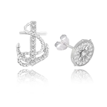 Souprava šperků MINET Letní stříbrné náušnice KORMIDLO a KOTVA s bílými zirkony JMAS8052SE00