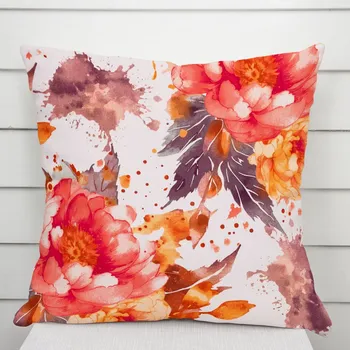 Povlak na dekorativní polštářek Bavlněný povlak na polštář Sandra SA-600 Velké červeno-růžovo-oranžové květy pivoňky na bílém 30 x 50 cm