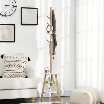 Věšák Věšák na kabáty s bočním stolkem 171 cm | bílá + přírodní