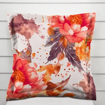 Povlak na polštářek Bavlněný povlak na polštář s lemem Sandra SA-600 Velké červeno-růžovo-oranžové květy pivoňky na bílém 40 x 60 cm