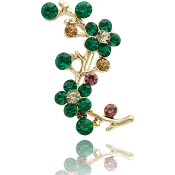 Brož Yvon Zlatavá brož s květy ze zeleného fazetového skla - jemný přírodní motiv s třpytem