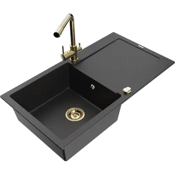 Granitový dřez Mexen Leo granitový dřez 1-komorový s odkapávačem a kuchyňskou baterií Duero, černý/stříbrný metalik - 6501-73-671600-50 Granitové dřezy s baterií