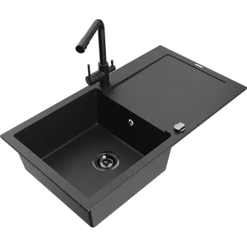 Granitový dřez Mexen Leo granitový dřez 1-komorový s odkapávačem a kuchyňskou baterií Duero, černý/stříbrný metalik - 6501-73-671600-70-B Granitové dřezy s baterií