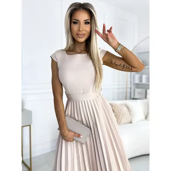 Dámské šaty numoco Dámské Plisované šaty s krátkým rukávem a páskem - béžové Numoco LILA Béžová XXL (2692430)