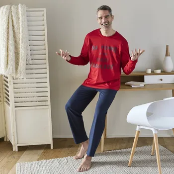 Pánské pyžamo Pyžamo s kalhotami a dlouhými rukávy, s potiskem textu červená/nám.modrá 107/116 (XL)