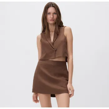 Dámský kabát Reserved - Krátká vesta se lnem - tmavě hnědá - YS851-89X - YS851-89X-S