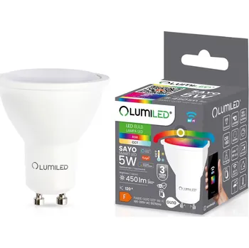 LED páska LED žárovka LED GU10 5W 450lm RGB CCT Stmívatelná inteligentní TUYA WiFi SMART SAYO LUMILED