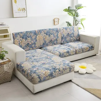 Napínací potah Elastický potah na pohovky s barevným potiskem Barva: modrá s listy a květy - Color 6, Velikost: Back Cushion-1pc