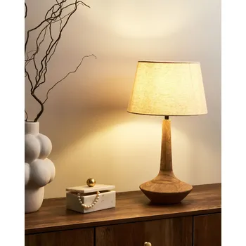 Lampička Stolní lampa tmavě hnědá béžová stínidlo z bavlny a lnu podstavec z mangového dřeva 54 cm obývací pokoj moderní styl Beliani