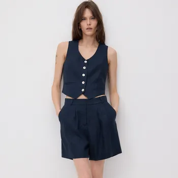 Reserved - Lněné bermudy se sklady - tmavomodrá - 177BP-59X - 177BP-59X-XL