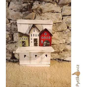 Věšák Věšák kouzelné dřevěné domečky 3 ks bílá (Věšák - originální dřevěná dekorace pro zavěšení klíčů a dalších dekorací)