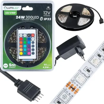 LED páska Lumiled Sada LED pásků 12V 24W 300LED SMD 5050 RGB 8mm 5m + napájecí zdroj + dálkový ovladač