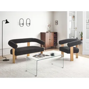 Obývací stěna 2místná sedací souprava černá světle hnědá buklé čalounění dřevěné nohy retro styl obývací pokoj Beliani