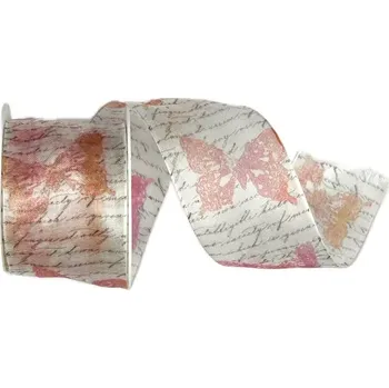 Stuha Stuha organzová Garden Poem – Soft Rose růžová 40mm x 2m (16,- Kč/m) (Stuha organzová, potisk písmo a motýl, s vetkaným vlascem)