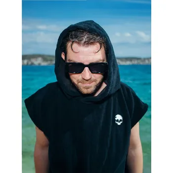 Dámské pončo Černé plážové pončo SECURITY BLACK s obří kapucí a kapsami. Velikost: M