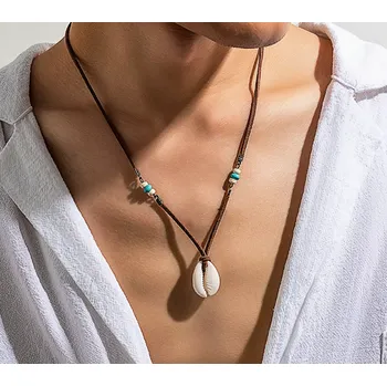 Náhrdelník B-TOP Pánský náhrdelník z hnědé kůže s bílou mušlí a korálky tyrkysová
