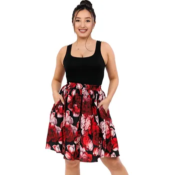 Dámská sukně Himalife Kolová sukně s kapsami Pivoňka - černá s červenou Velikost: XXL/3XL - Móda pro plnoštíhlé, Oblečení nadměrné velikosti