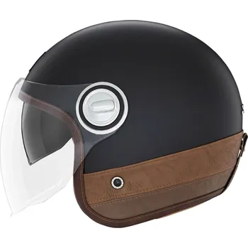 Motodoplněk Otevřená helma na motorku NOX PREMIUM Heritage matná černá s hnědou kůží XL