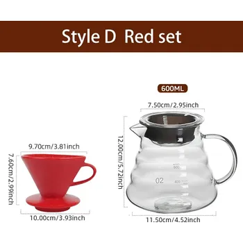 Dripper 600ml ruční kávový filtr set pro překapávanou kávu | kávová konvice - Styl D červená
