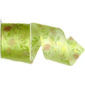 Stuha Stuha taftová transparentní FIORE DI PRATO VERDE zelená 40mm x 20m (14,-Kč/m) (Stuha taftová průsvitná, oboustranná, potisk luční kvítí, s tenkým vlascem v obou okrajích)