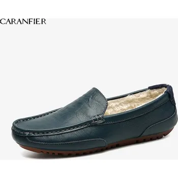Pánské mokasíny Kožené zimní mokasíny pánské loafers Barva: Modrá, Velikost: 44