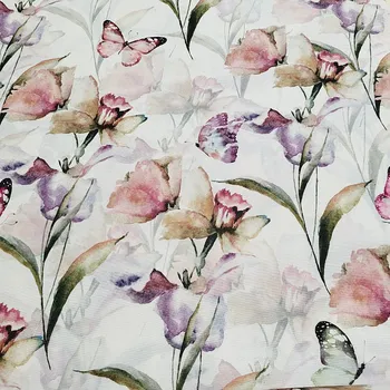 BYTEMA Dekorační látka KVĚTY A MOTÝLI CATALEYA zeleno-fialová šíře 140 cm