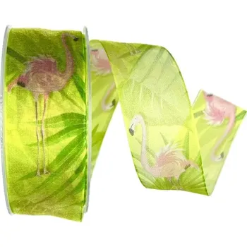 Stuha Stuha taftová ROSA FLAMINGO průsvitná 40mm x 2m (14,- Kč/m) (Stuha taftová, transparentní, oboustranná, potisk Plameňák, s vetkaným vlascem)