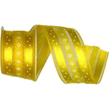 Stuha Stuha saténová LEMON BLOSSOM DELIGHT sytě žlutá 40mm x 2m (16,-Kč/m) (Stuha saténová, sytě žlutá, lesklá, s vetkanými pruhy organzy, jednostranný potisk, vetkaný vlasec)