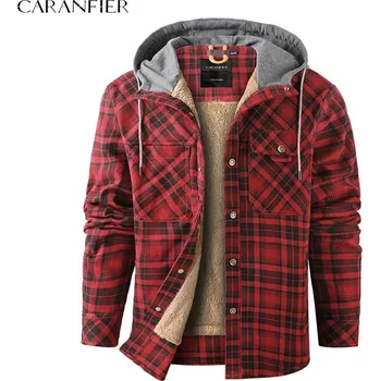 Pánský zimní kabát Zimní pánská bunda kostkovaná s kapucí a fleecem Barva: Červená, Velikost: XL
