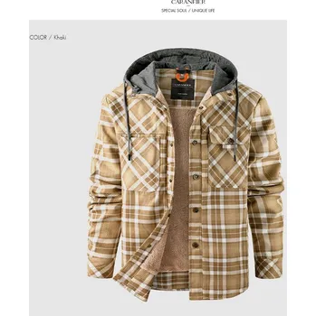 Pánský kabát Zimní pánská bunda kostkovaná s kapucí a fleecem Barva: Khaki, Velikost: S