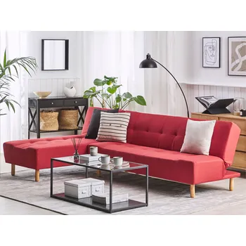 Pohovka Rohová pohovka červená látkové čalounění nohy ze světlého dřeva pravostranná s lenoškou 3místná skandinávský styl obývací pokoj Beliani