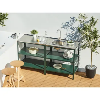 Zahradní sestava Sada 2 kusů venkovní kuchyňská souprava zelená nerezová ocel 2 kuchyňské regály ostrůvky dřez s jednou pákou venkovní kuchyňská stanice Beliani