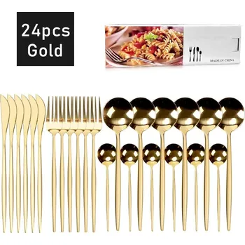 Příbor Černá nerezová příborová sada 24 kusů pro 6 osob | jídelní sada - Zlato