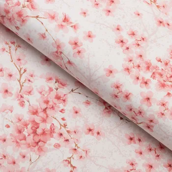 Bavlněná látka/plátno Sandra SA-633 Růžové třešňové květy na bílém - šířka 160 cm