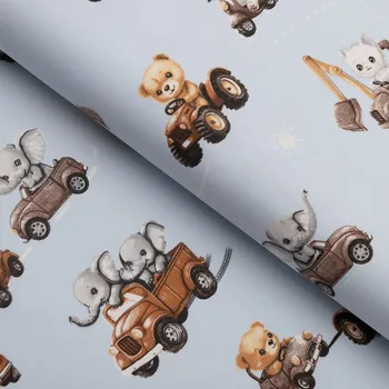 Dětská bavlněná látka/plátno Sandra SA-629 Zvířátka v autech na modrém - šířka 160 cm