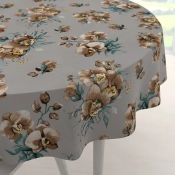 ubrus Bavlněný kulatý ubrus Sandra SA-622 Hnědé orchideje na šedém Ø 80 cm