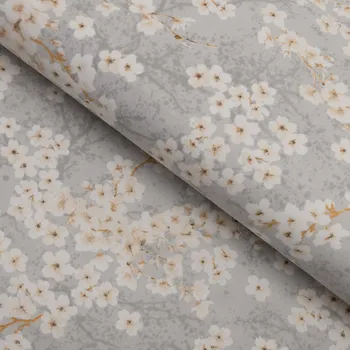Bavlněná látka/plátno Sandra SA-634 Bílé třešňové květy na šedém - šířka 160 cm