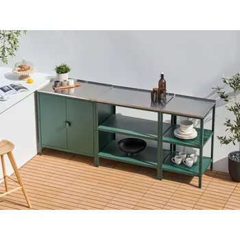 Osvětlení Sada 3 kusů venkovní kuchyňská souprava zelená nerezová ocel 2 regály skříňka venkovní kuchyňská stanice Beliani