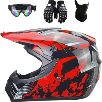 Motocyklové brýle Dětská motocyklová helma s rukavicemi a brýlemi Celoobličejová ABS černá Helma se sluneční clonou Větrání Maska Potisk 25x25x36 cm červená S (53-54 cm)