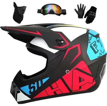 Motocyklové brýle Dětská motocyklová helma celoobličejová s ventilačním systémem Sluneční clona Rukavice Brýle Maska Černá 25x25x36 cm ABS 1,2 kg L (57-58 cm)