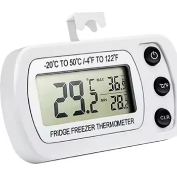 Kuchyňský teploměr Digitální teploměr do lednice a mrazáku s háčkem a magnetem LCD displej IPX3 Paměť MIN/MAX Rozsah -20 až 50 °C Přesnost ±1 °C