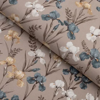 Bavlněná látka/plátno Sandra SA-637 Modro-béžovo-bílé kosatce na šedobéžovém - šířka 160 cm