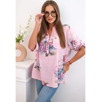 Dámská halenka Dámská bavlněná halenka 12038-4 růžová s květy univerzální L / XL (univerzální )