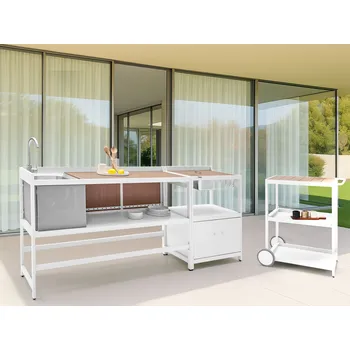 Zahrada 3dílná zahradní kuchyně bílá hliníková skříňka kuchyňský ostrůvek s dřezem a vozíkem letní kuchyně exteriér Beliani